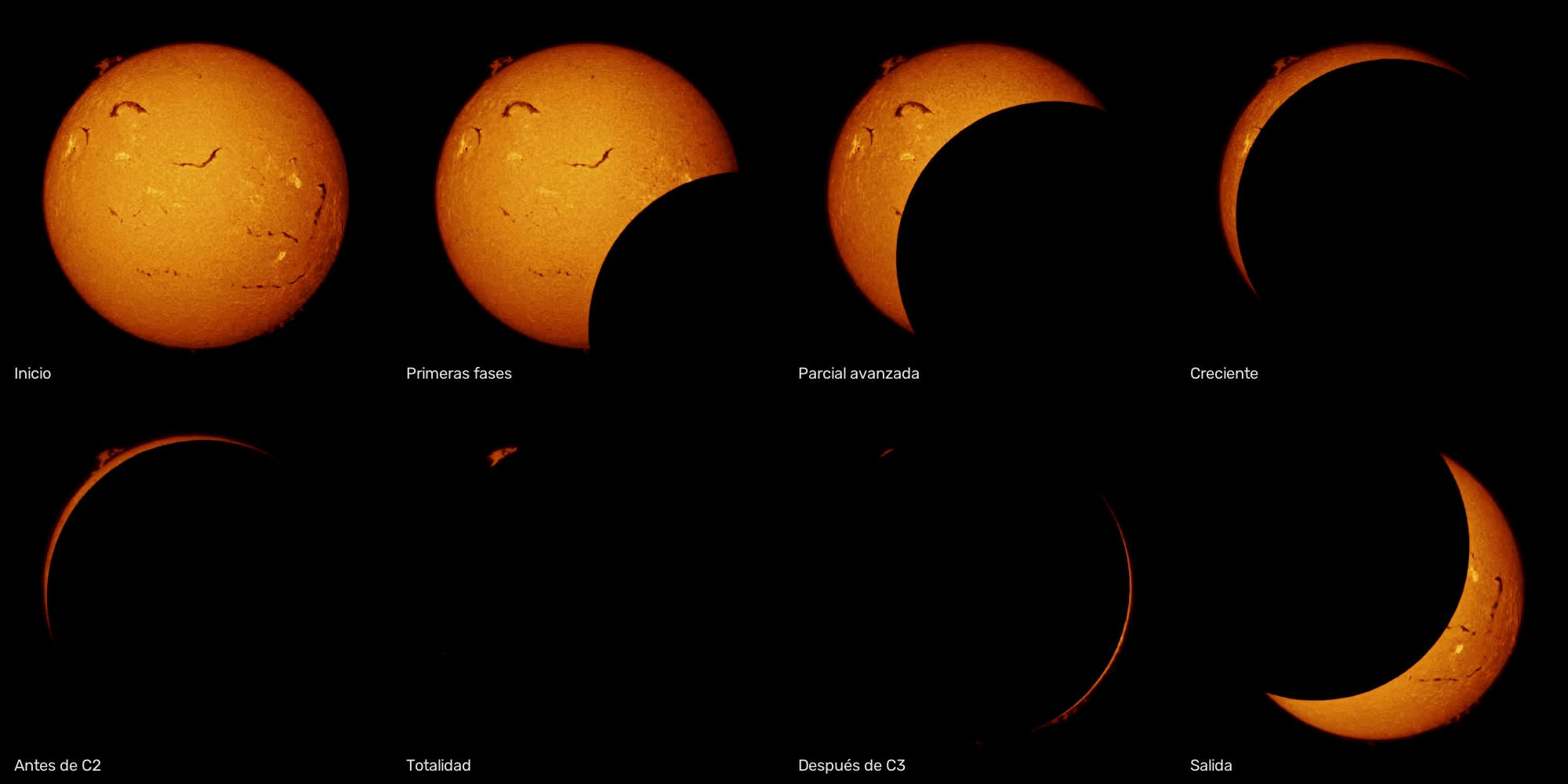 Mosaico de ocho etapas del eclipse en H-alfa, desde el disco casi completo hasta la salida de la totalidad