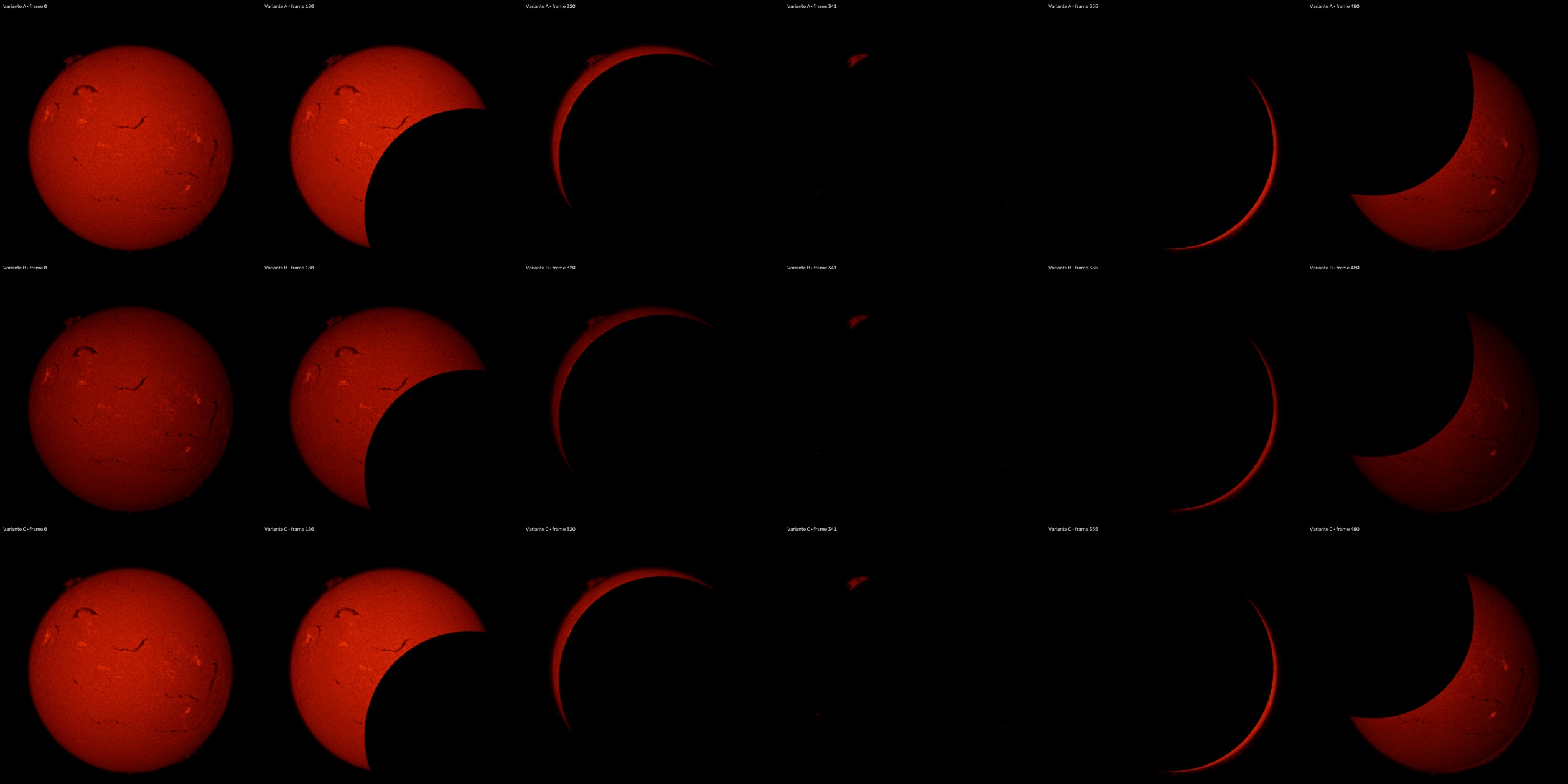 Comparación de tres etalonajes rojos aplicados a seis fases representativas del eclipse